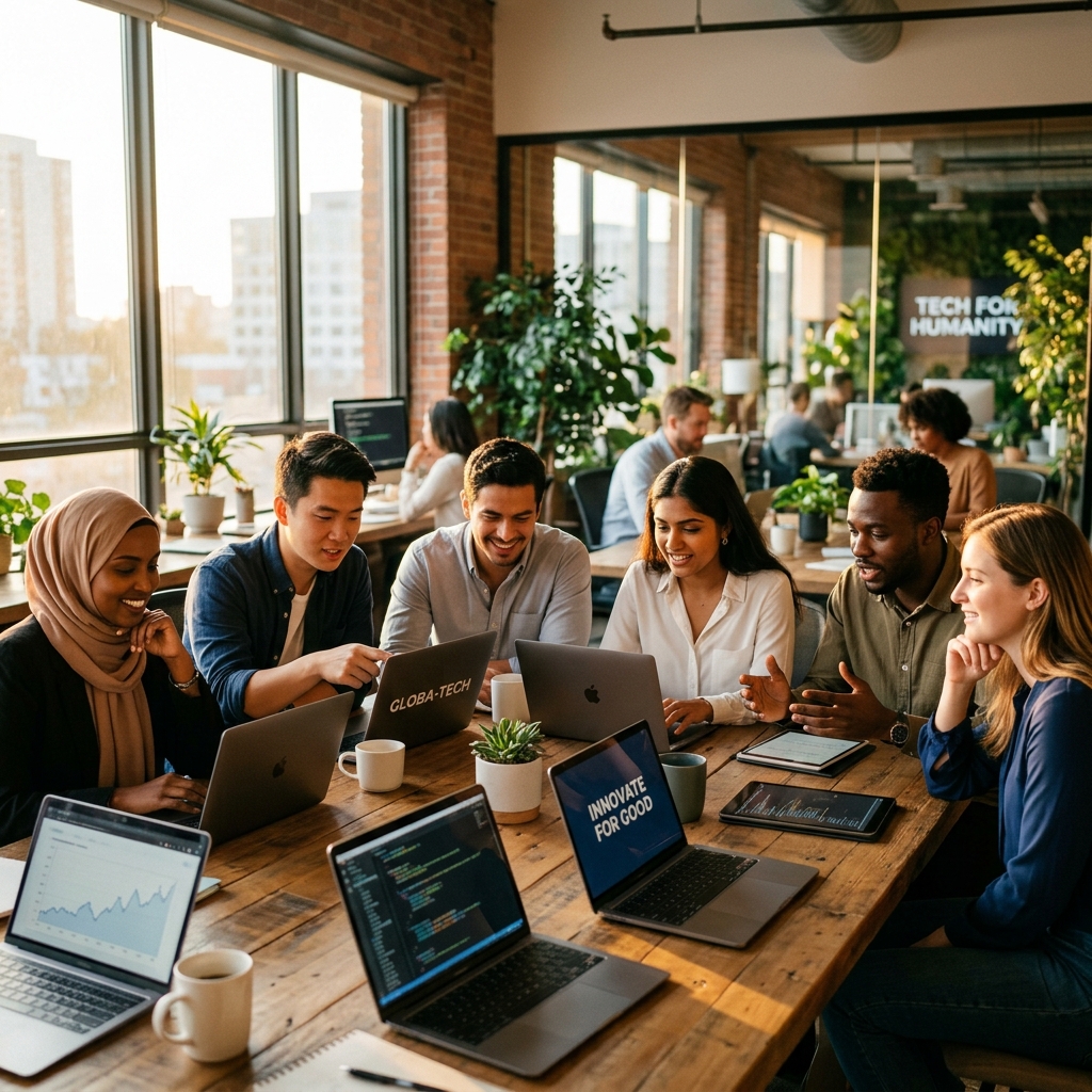 A diverse group of professionals collaborating around a table